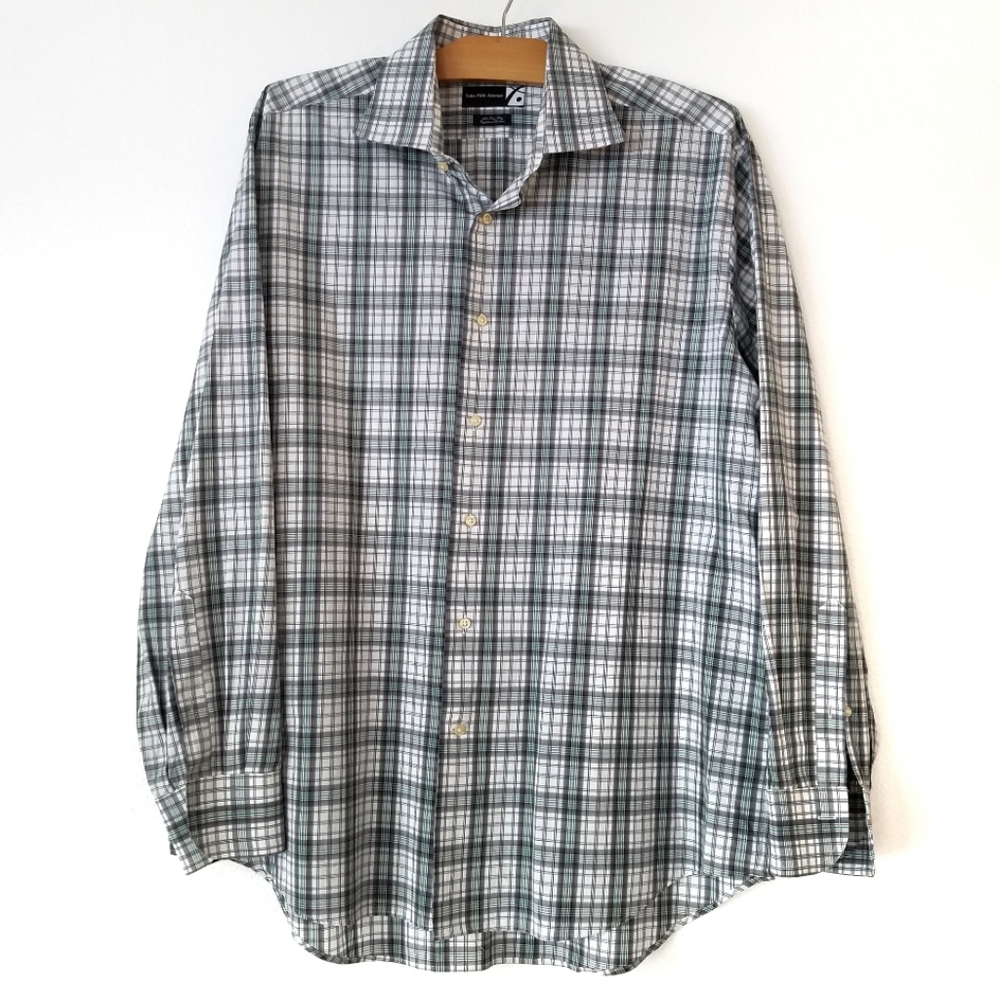 Saks Fifth Avenue Plaid Button Down Shirt Long Sleeve Green Gray